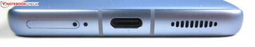 en bas : double emplacement SIM, microphone, USB-C 2.0, haut-parleur