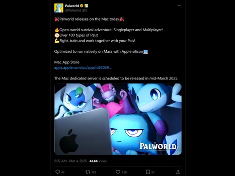 Annonce de Palworld pour Mac X (compte officiel Palworld X)