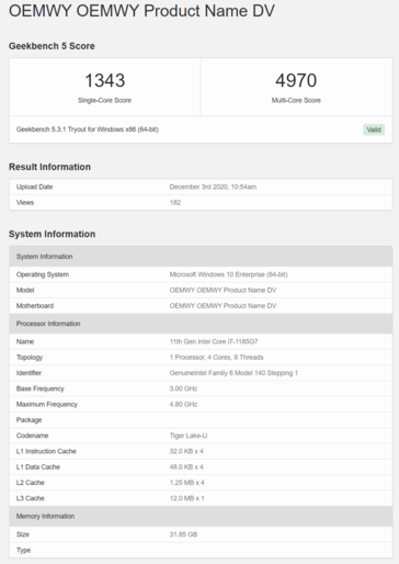 Microsoft Surface Pro Intel Core i7-1185G7 Geekbench - CPU. (Source : Geekbench)