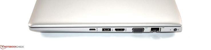 Côté droit : USB C 3.1 Gen 1, USB A 3.0, HDMI, VGA, Ethernet RJ45, entrée secteur.