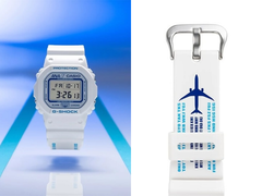 Photo - La montre de la collaboration Casio x ANA DW-5600, ainsi qu'un gros plan du bracelet avec des détails sur le thème de l'aviation. (Source de l'image : @geesgshock sur Instagram - édité)