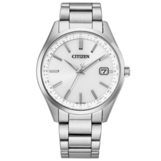 Montre Citizen CB0300-53A Eco-Drive radiocommandée, dotée d'un cadran blanc, d'un boîtier et d'un bracelet en acier inoxydable, d'index bâtons appliqués et d'un guichet de date à 3 heures.
