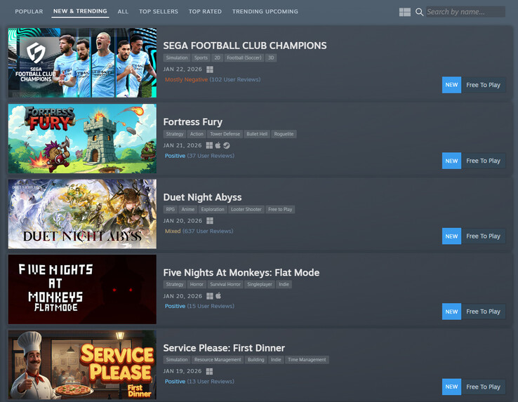 Liste des nouveautés et tendances actuelles (Source de l'image : Steam)
