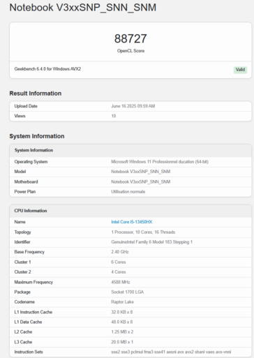 GeForce Ordinateur portable RTX 5050 Geekbench OpenCL (source d'image : Geekbench)