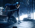 Personnage de Ghostrunner tenant une épée dans un gratte-ciel