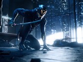 Personnage de Ghostrunner tenant une épée dans un gratte-ciel