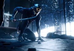 Personnage de Ghostrunner tenant une épée dans un gratte-ciel