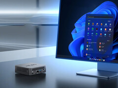 Le NUC150 peut être équipé du processeur Intel N150 ou du Core 3 N355. Photo : une image promotionnelle du mini PC assis à côté d'un moniteur. (Source de l'image : Minix)