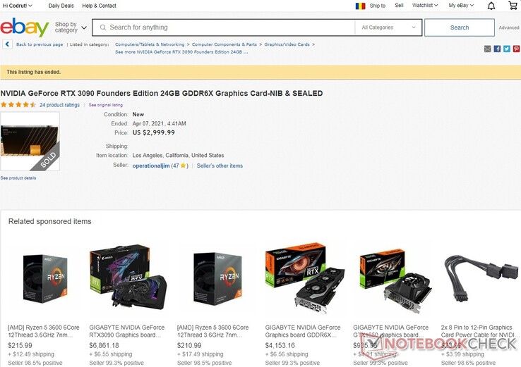 NVIDIA GeForce RTX 3090 Founders Edition vendu sur eBay pour 2 999,99 $ US et d'autres prix insensés (Source : Own)