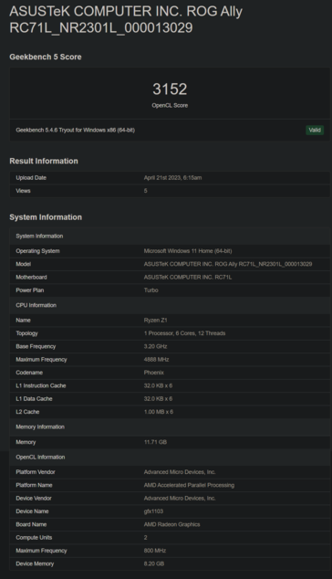 Asus ROG Ally sur Geekbench (image via Geekbench)