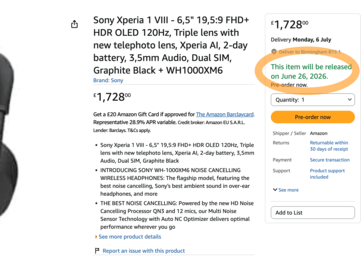 Le listing Amazon confirme que le Xperia 1 VIII devrait être commercialisé le 26 juin.