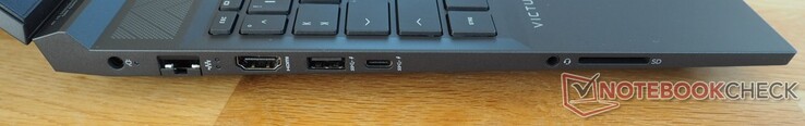Côté gauche : connexion d'alimentation, RJ45-LAN, HDMI 2.1, USB-A 3.0, USB-C 3.0 (y compris DisplayPort), port audio, lecteur de cartes