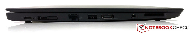 Côté gauche : Thunderbolt 3, USB C 3.1 Gen 1, port pour station d'accueil, Ethernet gigabit, USB 3.0, HDMI 1.4b, jack stéréo 3,5 mm, lecteur de carte SD grand format.