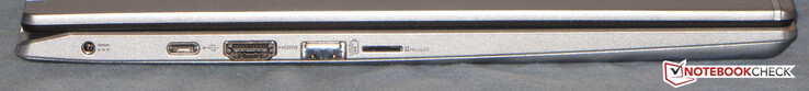 Côté gauche : port d'alimentation, USB 3.2 Gen 2 (Type C), HDMI, USB 3.2 Gen 1 (Type A), lecteur de carte de stockage (microSD)