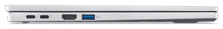 Côté gauche : 2x Thunderbolt 4/USB 4 (USB-C ; Power Delivery, DisplayPort), HDMI, USB 3.2 Gen 1 (USB-A)