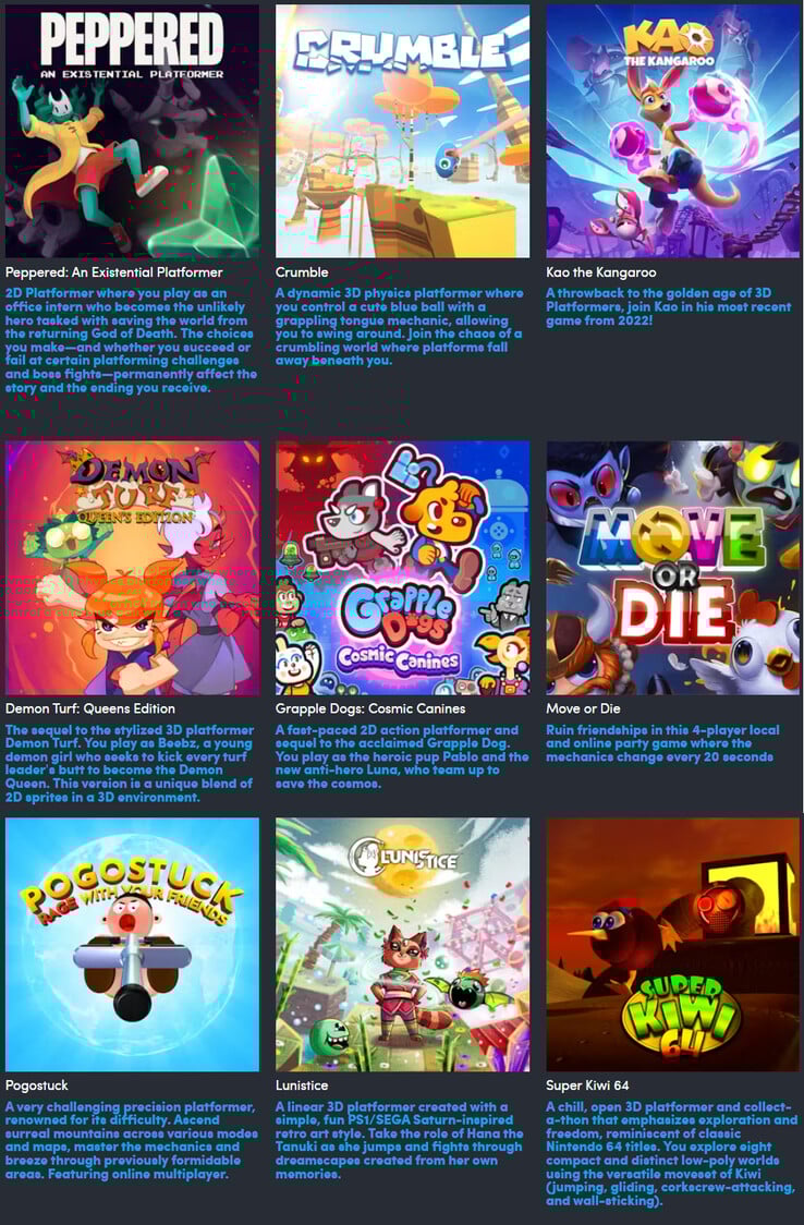 Tous les jeux inclus dans l'offre Playful Platformers (Image source : Humble Bundle)