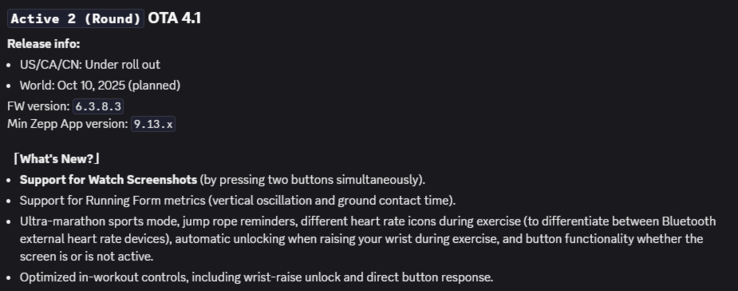 Les notes de mise à jour de la version 6.3.8.3 du micrologiciel de la smartwatch Active 2 (Round). (Source de l'image : Amazfit via Discord)