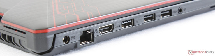 Côté gauche : entrée secteur, Gigabyt RJ-45, HDMI 1.4, USB 2.0, 2 USB 3.0, combo audio 3,5 mm.