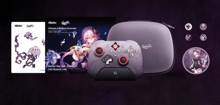 L'édition Honkai : Star Rail - Evernight est livrée avec plusieurs accessoires uniques en plus de la manette elle-même. (Source de l'image : 8BitDo)
