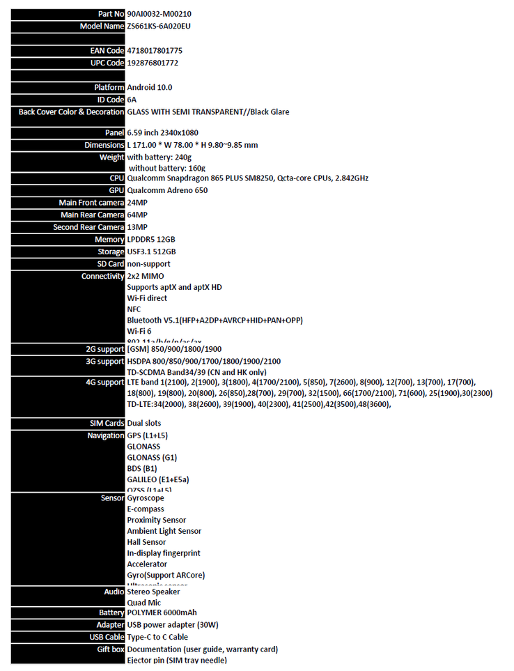 Asus ROG Phone 3 ZS661KS-6A020EU - Spécifications. (Source : MobileForYou.de)
