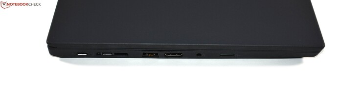Côté gauche : USB C 3.1 Gen 1, Thunderbolt 3, miniEthernet, USB A 3.0, HDMI, port audio, lecteur de carte micro SD.