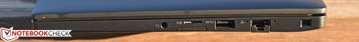 Côté droit : combo audio port, lecteur de carte micro SD, emplacement pour carte SIM, USB 3.0 (alimenté), Ethernet gigabit, verrou de sécurité Kensington.