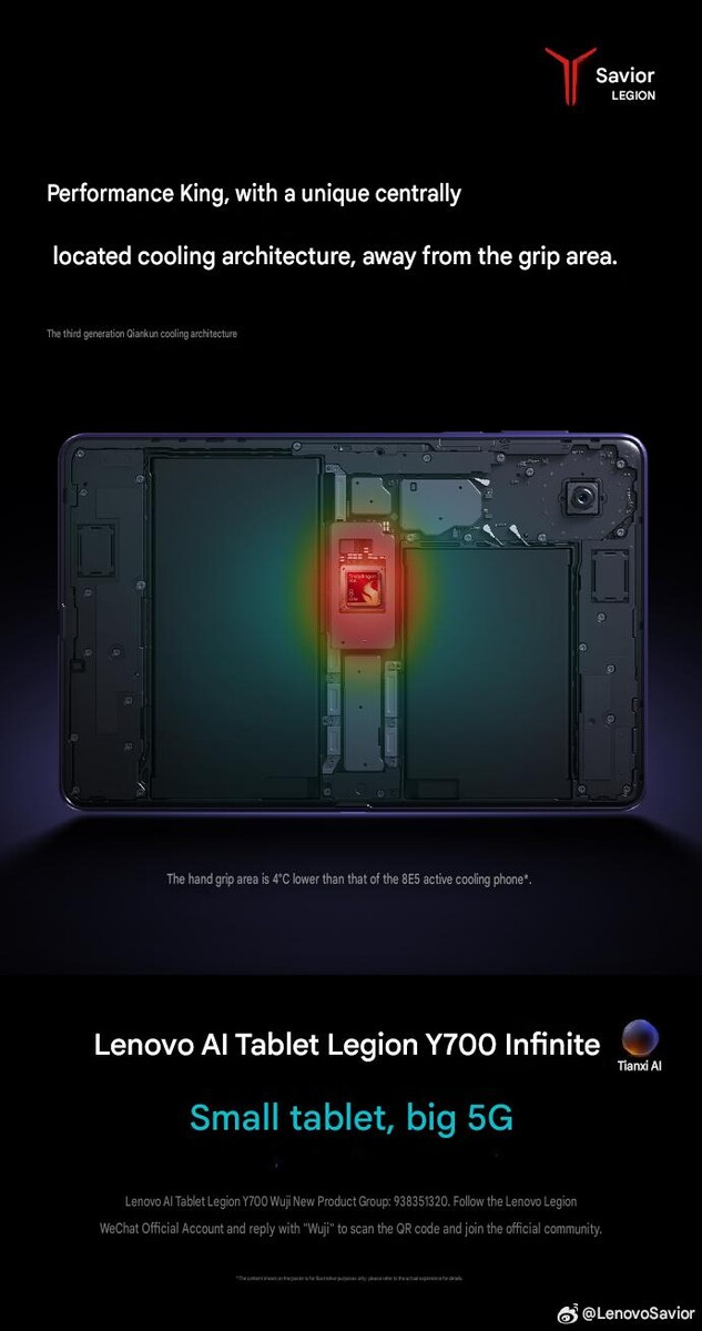 Schéma interne de la Lenovo Legion Y700 Infinite montrant le processeur Snapdragon placé au centre et l'architecture thermique conçue pour maintenir la zone de prise en main de la tablette à une température plus basse pendant le jeu.