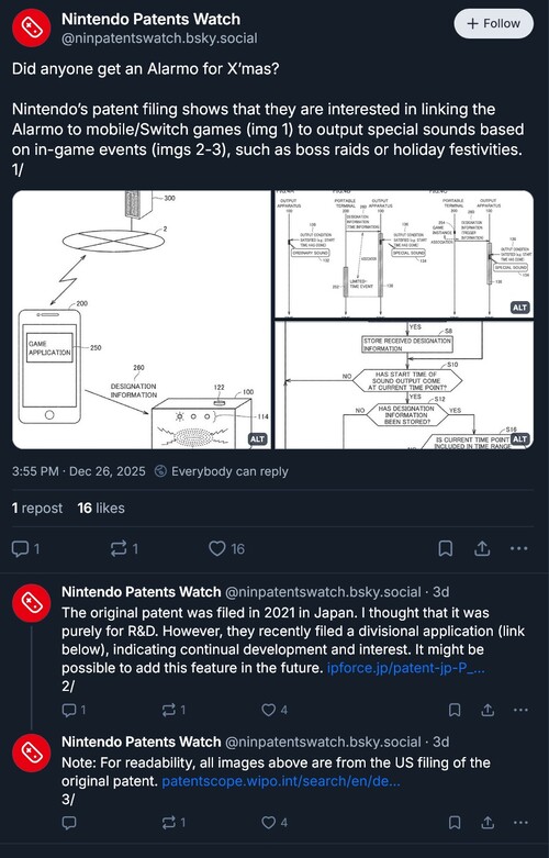 Mise à jour de Nintendo Patents Watch sur le brevet Alarmo Nintendo (Source de l'image : capture d'écran, compte Bluesky de Nintendo Patents Watch)