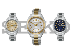 De gauche à droite : Seiko SRE023K1, SRE024K1 et SRE021K1 (photo) sur fond blanc, avec le logo de Seiko superposé. (Source de l&#039;image : Seiko)