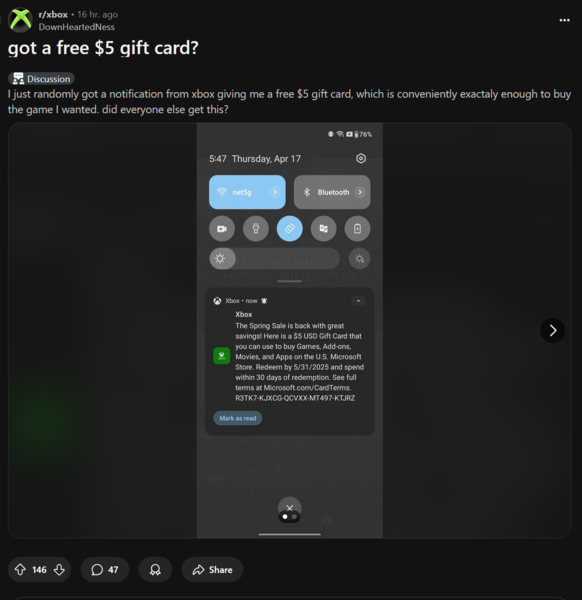 Xbox Reddit post on free gift card codes (Image source : screenshot, Xbox subreddit)