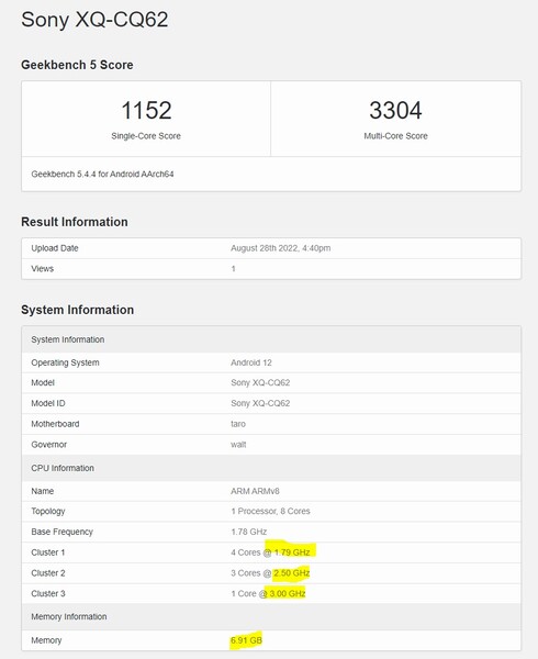 Présumé enregistrement Geekbench du Sony Xperia 5 IV. (Image source : SmartphoneDigest)