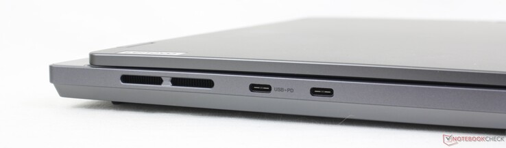 À gauche : 1x USB-C 3.2 Gen. 2 + DisplayPort 1.4 + 140 W Power Delivery, 1x USB-C 3.2 Gen. 2 + DisplayPort 1.4