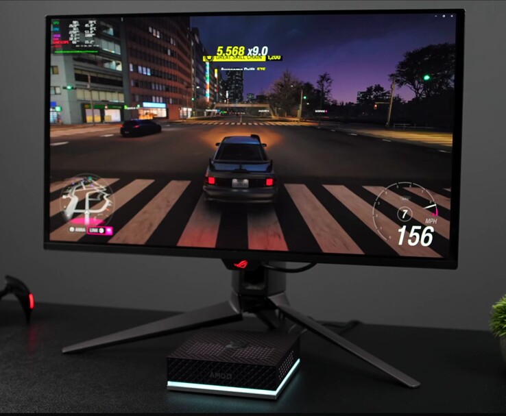 Mini-PC AMD Ryzen AI Max+ 395 fonctionnant sous SteamOS, avec une session de jeu affichée sur un écran de jeu externe