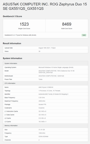 Asus ROG Zephyrus Duo 15 SE avec Ryzen 9 5980HX et RTX 3080 - Les scores CPU de Geekbench. (Source : Geekbench)