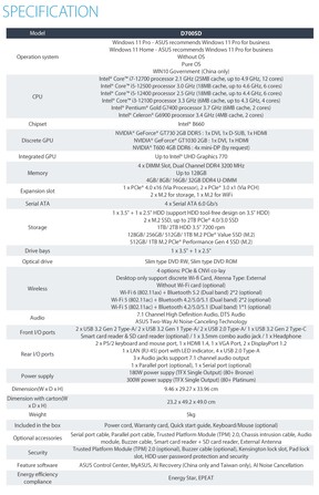 Asus ExpertCenter D7 SFF PC - Spécifications. (Image Source : Asus)