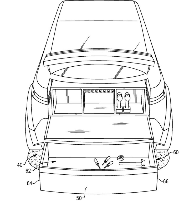 Ford semble vouloir faire du coffre du F-150 Lightning une surface de travail, compte tenu de l'espace et des fonctions pratiques qu'il contient. (Source de l'image : Publication de la demande de brevet américain)