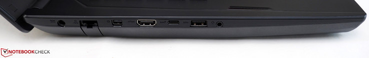 Côté gauche : entrée secteur, RJ45-LAN, mini DisplayPort, HDMI, USB C 3.1 Gen2, USB A 3.0, jack 3,5 mm.