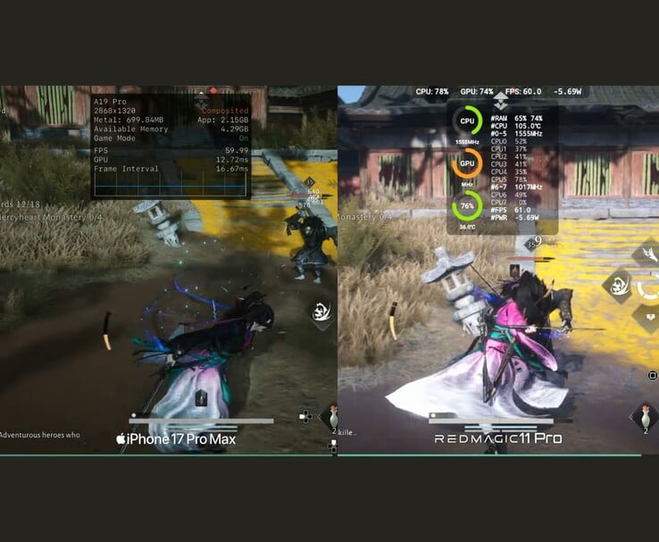 Where Winds Meet Comparaison des performances mobiles entre l'iPhone 17 Pro Max et RedMagic 11 Pro avec des mesures à l'écran (Image source : Dame Tech via YouTube)