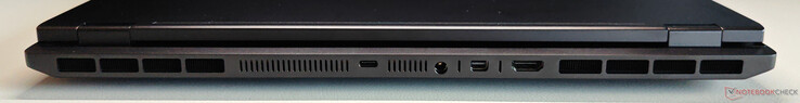 Arrière : USB-C 4.0 avec Thunderbolt 4 (40 Gbps, DisplayPort 2.1 via iGPU, 140 W Power Delivery), connecteur d'alimentation, Mini DisplayPort 2.1 (via dGPU, DP40/UHBR10, VRR/G-Sync), HDMI 2.1 (via dGPU, 48 Gbps, HDCP 2.3, VRR/G-Sync)