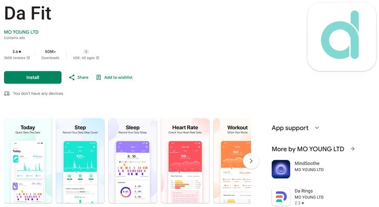 Seulement 3,6 étoiles pour l'application Da Fit (source : capture d'écran Google Play)