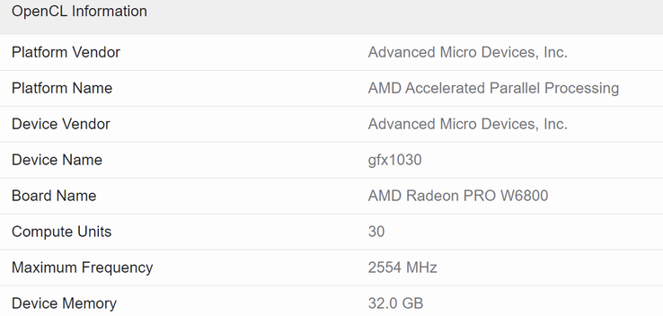 AMD Radeon Pro W6800 sur Geekbench. (Source : Geekbench via Videocardz)