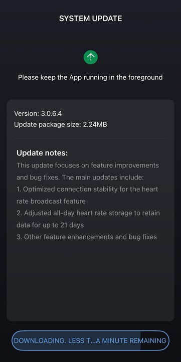 Les notes de mise à jour de la version 3.0.6.4 du logiciel Amazfit Helio Strap (Image source : Amazfit)