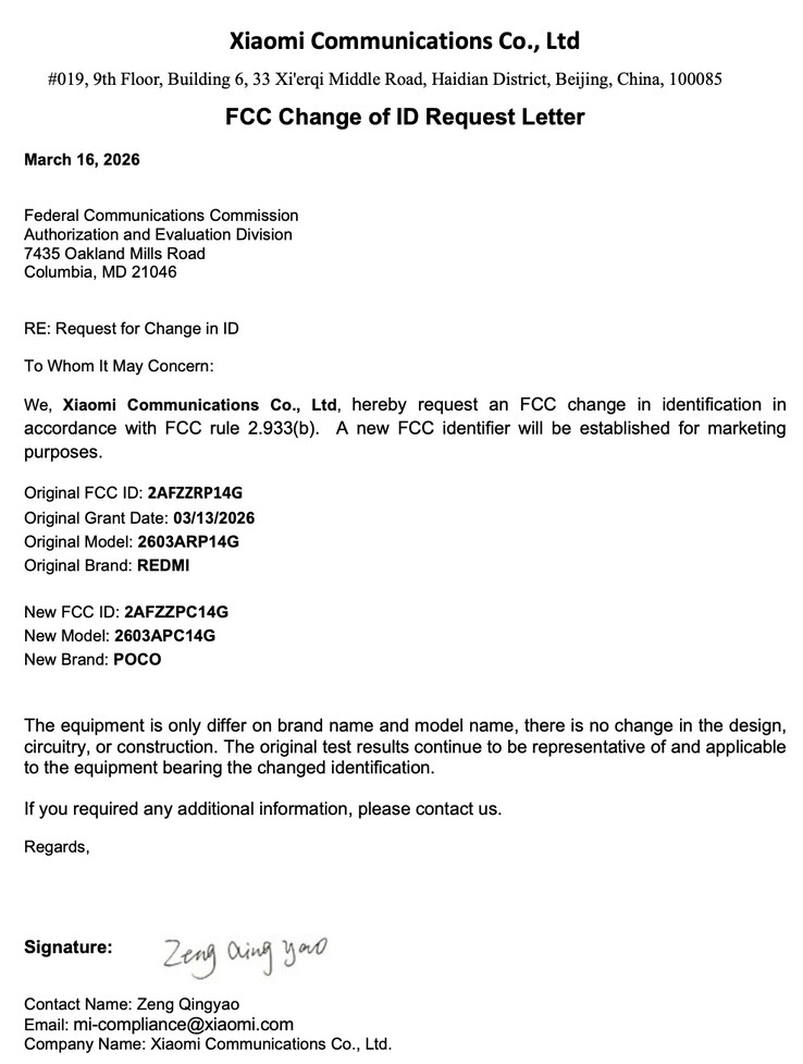 La lettre de demande de changement d'identifiant confirme que la nouvelle tablette est un Redmi Pad 2 9.7 rebaptisé.