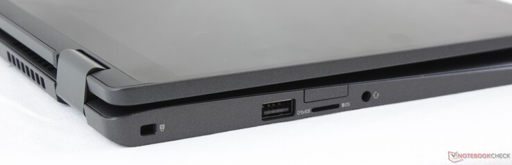 Côté droit : verrou de sécurité Noble, USB A 3.1 Gen 1, lecteur de carte micro SD, MicroSIM reader (optionel), combo audio 3,5 mm.