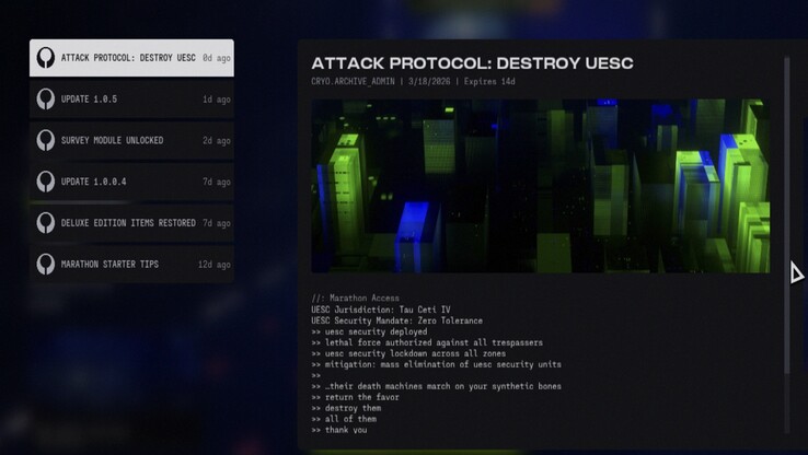 Panneau d'information sur le marathon affichant la mise à jour 1.0.5 et les informations relatives au nouveau contenu.