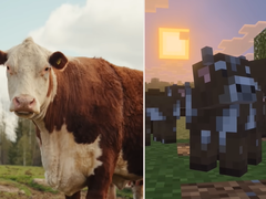 Une capture d'écran de la mise à jour Minecraft Tiny Takeover comparant les vaches du jeu à une vraie vache