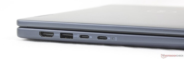 À gauche : HDMI 1.4 (jusqu'à 1080p60 uniquement), USB-A 3.2 Gen. 1, 2x USB-C 3.2 Gen. 2 (10 Gbps) avec DisplayPort 1.4 + Power Delivery