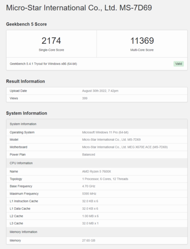 AMD Ryzen 5 7600 sur Geekbench. (Source : Geekbench)