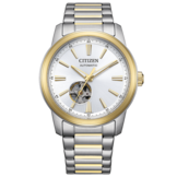 Montre automatique Citizen NH9154-51A bicolore, dotée d’un cadran argenté, d’une lunette et de maillons centraux du bracelet dorés, ainsi que d’un affichage « cœur ouvert » au-dessus de 6 heures.