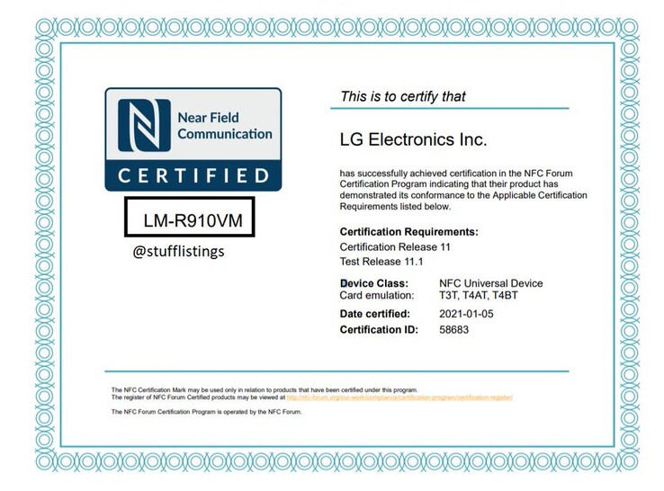 @stufflistings repère le "LG Rollable" avec la certification NFC. (Source : NFC Forum via Twitter)